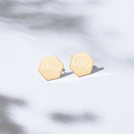 Love Gold Plated Sterling Silver Hexagon Stud Earrings