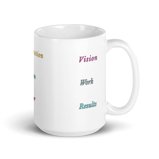 Determination Inspiration Vision Action Power Opportunity Work Effort Results white glossy coffee mug